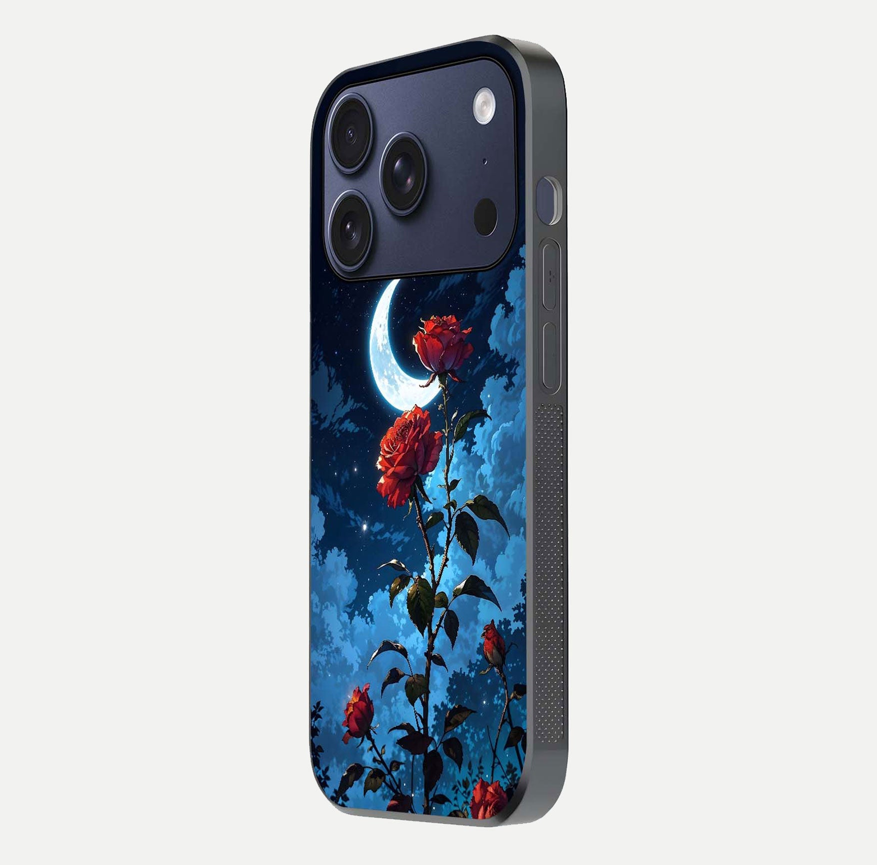Crimson Rose Moon Glass Case for iPhone 17 Pro side-angle photo showing reflective texture and smooth curve