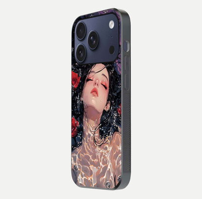 Crimson Rose Serenity Glass Case for iPhone 17 Pro side-angle photo showing glass reflection and soft edges