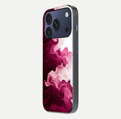 Crimson Wave Flow Glass Case for iPhone 17 Pro side-angle photo showing reflection glow and HD finish