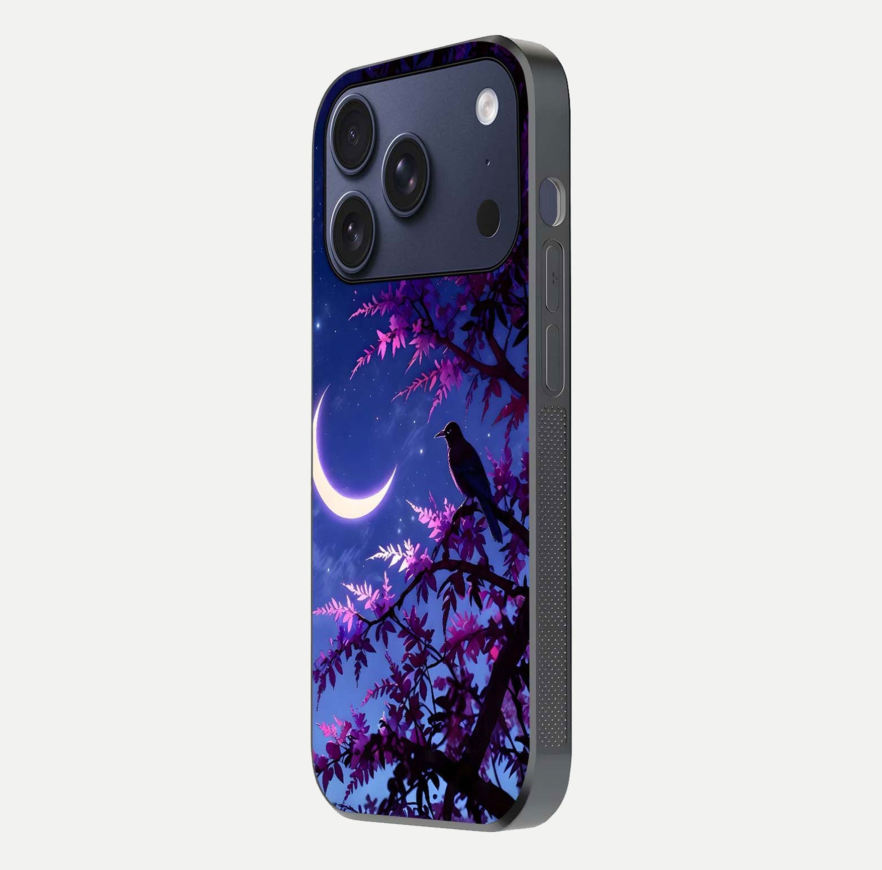 Crow & Moon Scenery Glass Case for iPhone 17 Pro side-angle photo capturing glossy shine and artistic contrast