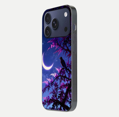 Crow & Moon Scenery Glass Case for iPhone 17 Pro side-angle photo capturing glossy shine and artistic contrast