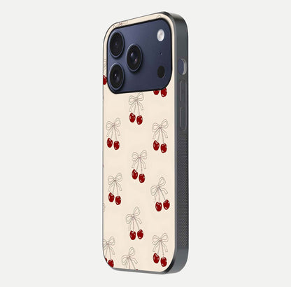 Cute Cherry Pattern Glass Case for iPhone 17 Pro side-angle photo highlighting gloss curve and pattern clarity