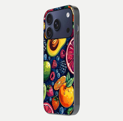 Cute Fruits Art Glass Case for iPhone 17 Pro side-angle photo showing reflective finish and smooth edges