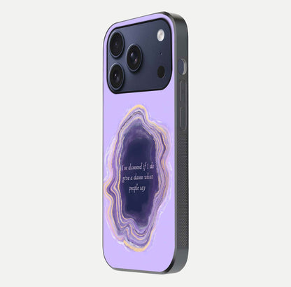 Damned People Quote Glass Case for iPhone 17 Pro side-angle image showing light shine and smooth edges