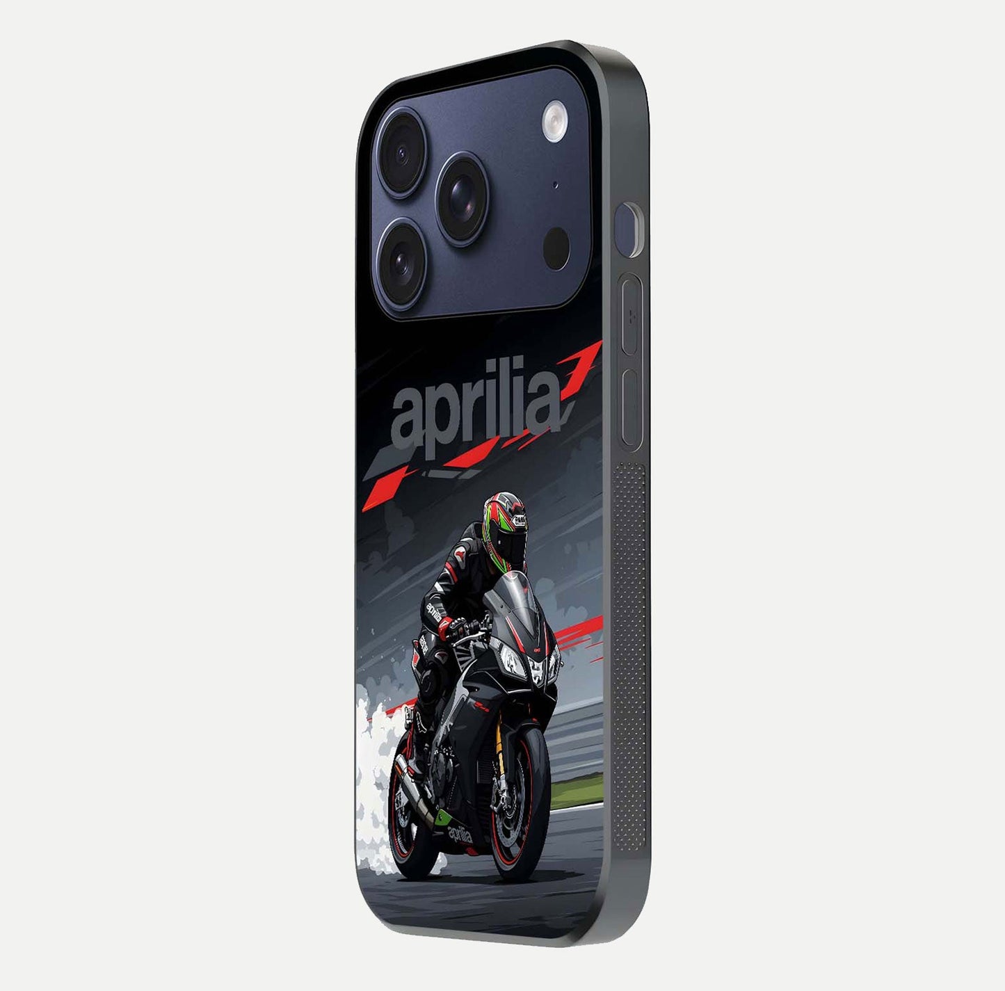 Dark Aprilla Glass Case for iPhone 17 Pro side-angle photo showing reflection gloss and curved edge finish