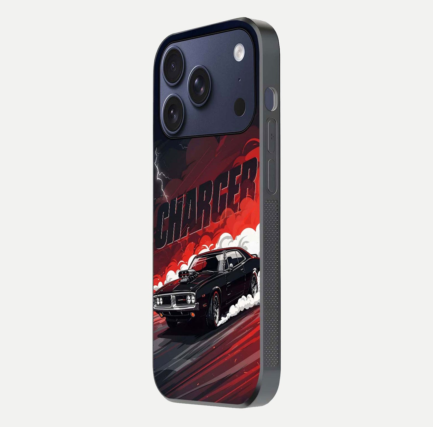 Dark Charger Fury Glass Case for iPhone 17 Pro side-angle image showing edge gloss and bold tone