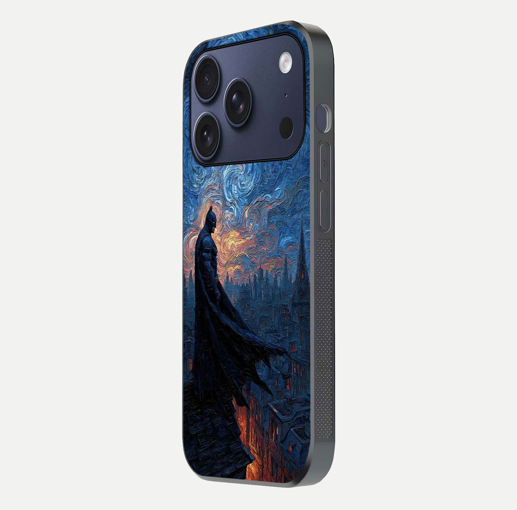 Dark Knight Dusk Glass Case for iPhone 17 Pro side-angle image capturing reflection shine and bold contrast