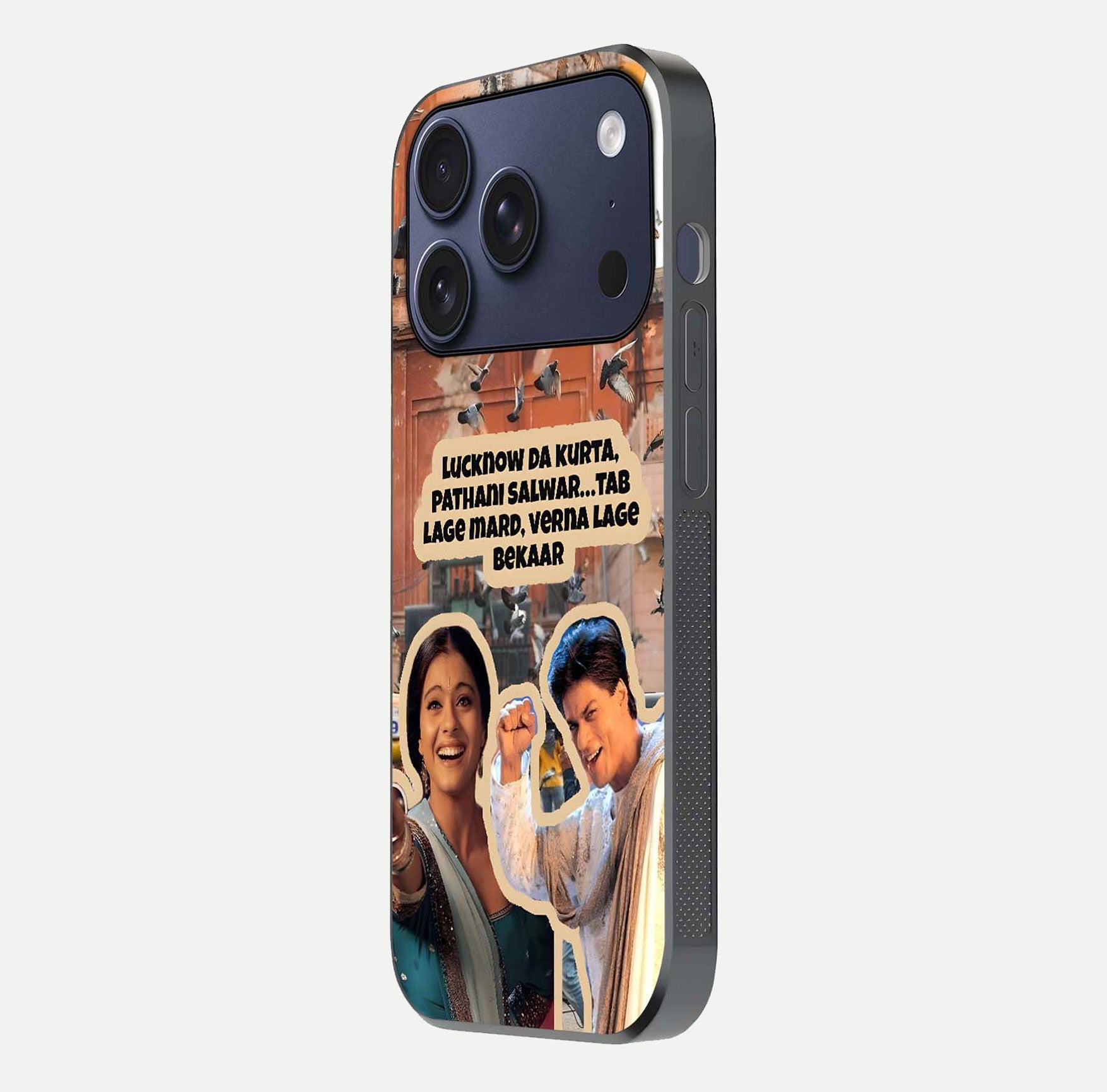 Desi Retro Vibes Glass Case for iPhone 17 Pro side-angle image displaying gloss texture and bold pattern