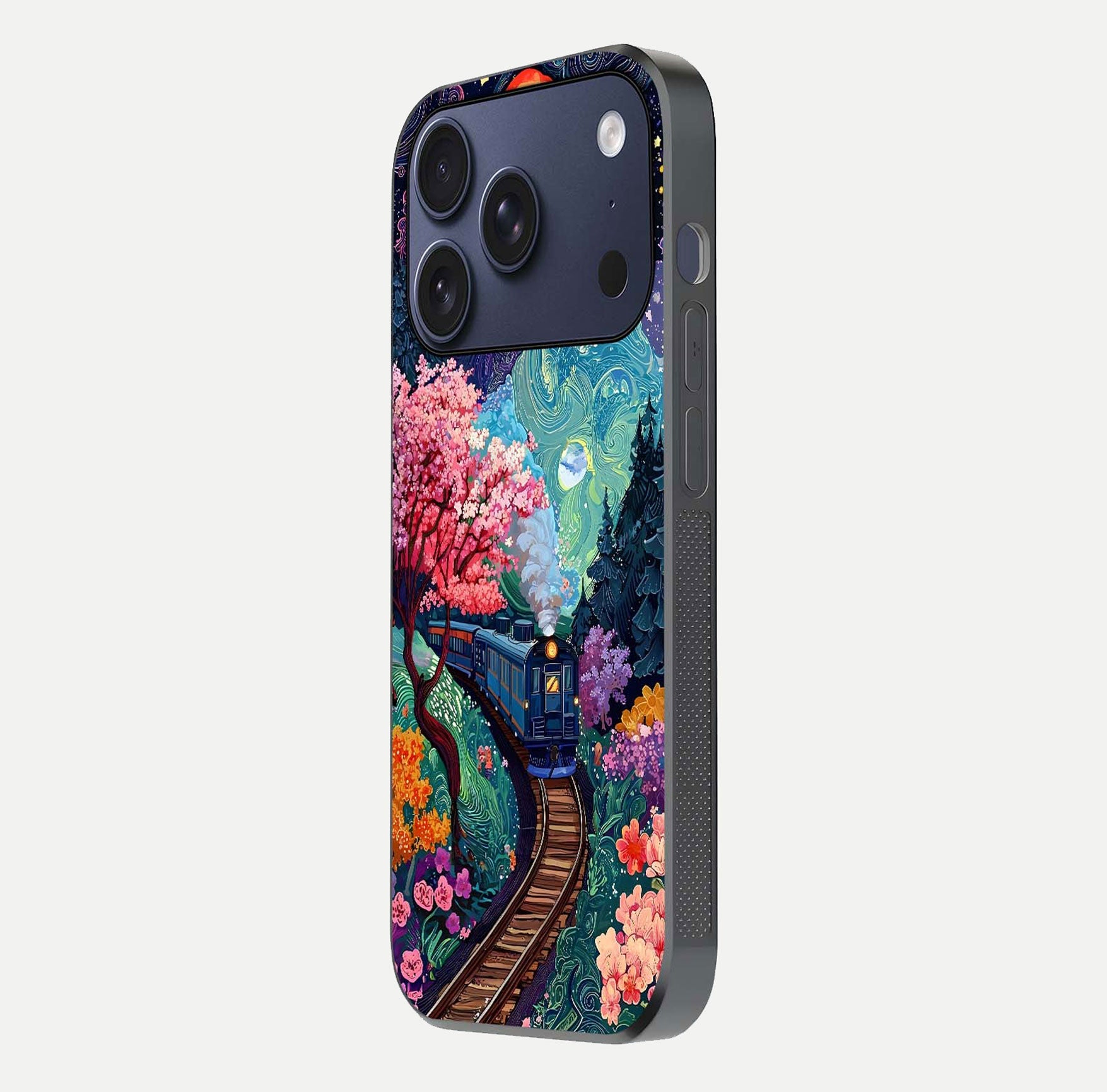 Digital Art Glass Case for iPhone 17 Pro side-angle photo showing shine depth and artistic clarity