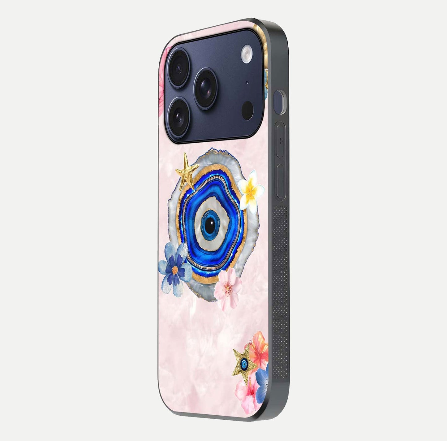 Divine Aura Bloom Glass Case for iPhone 17 Pro side-angle photo capturing reflection glow and premium polish