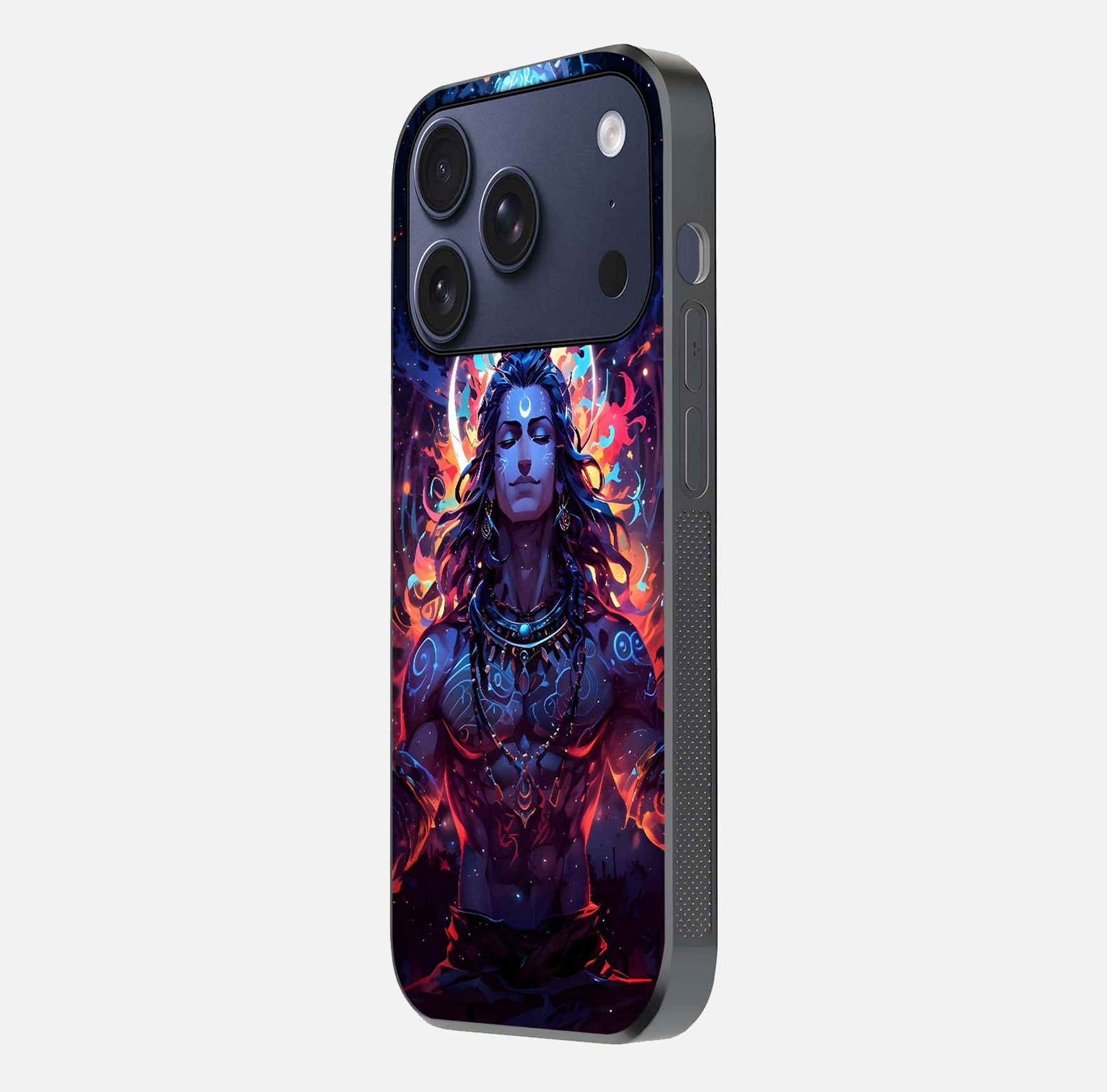 Divine Fire Shiv Glass Case for iPhone 17 Pro side-angle image showing reflection clarity and shine