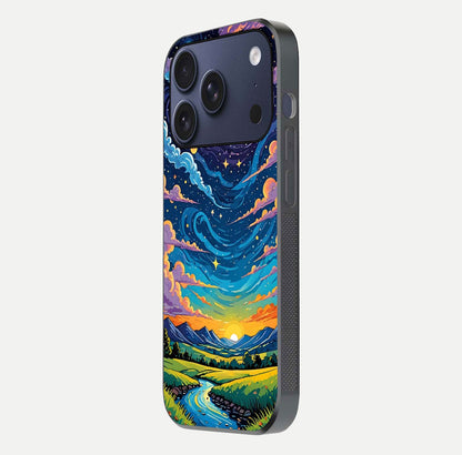 Dreamy Night Landscape Glass Case for iPhone 17 Pro side-angle photo capturing reflection glow and edge detail