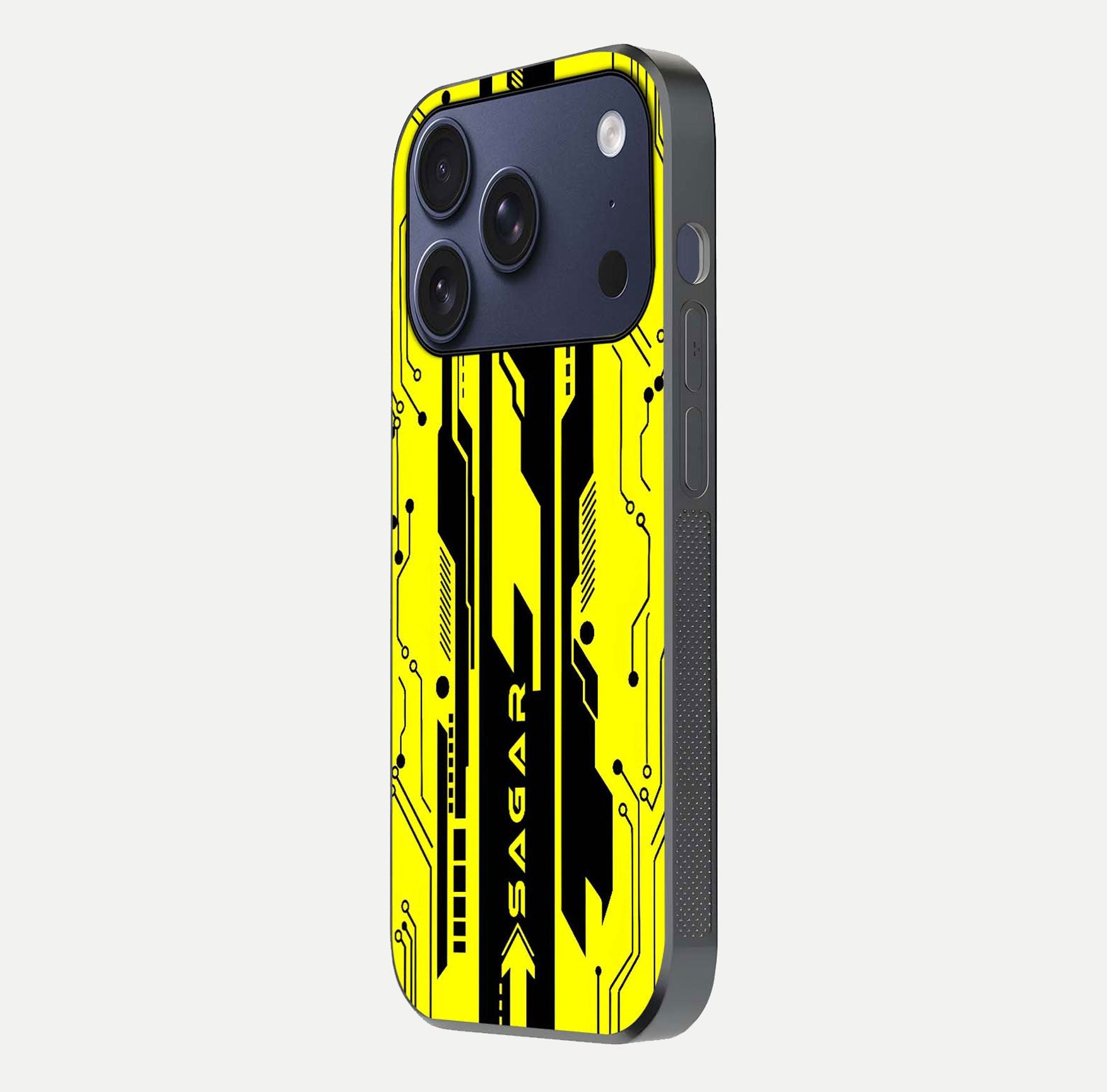 Electric Pulse CYBERPUNK Custom Name Glass Case for iPhone 17 Pro side-angle image showing glossy reflection and edge illumination