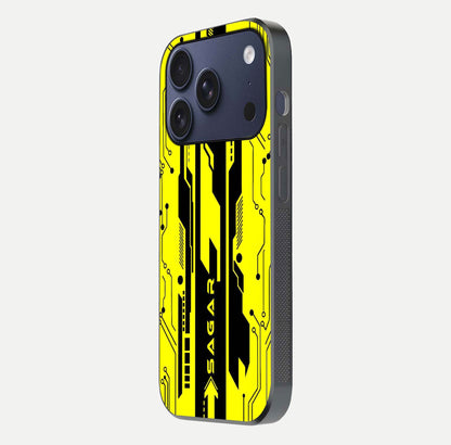 Electric Pulse CYBERPUNK Custom Name Glass Case for iPhone 17 Pro side-angle image showing glossy reflection and edge illumination