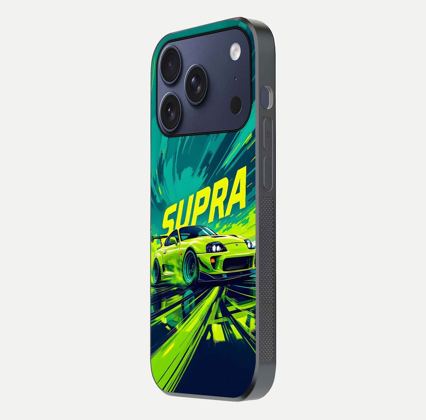 Electric Supra Thunder Glass Case for iPhone 17 Pro side-angle photo showing sleek car outline and reflective shine