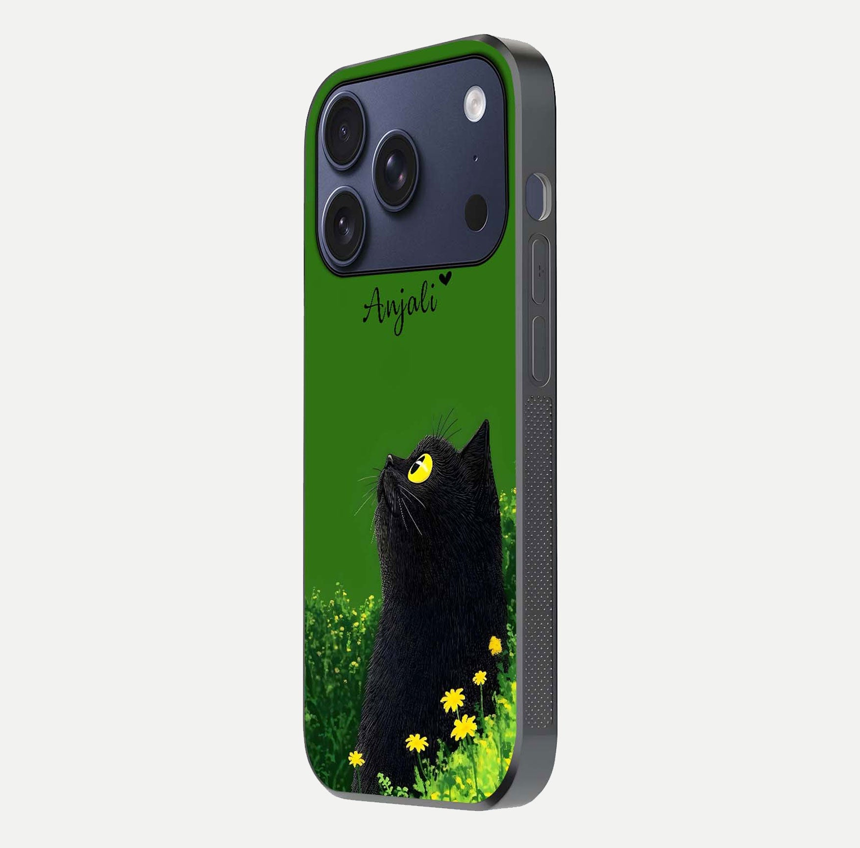 Emerald Cat Custom Name Glass Case for iPhone 17 Pro side-angle photo showing name clarity and glass reflection