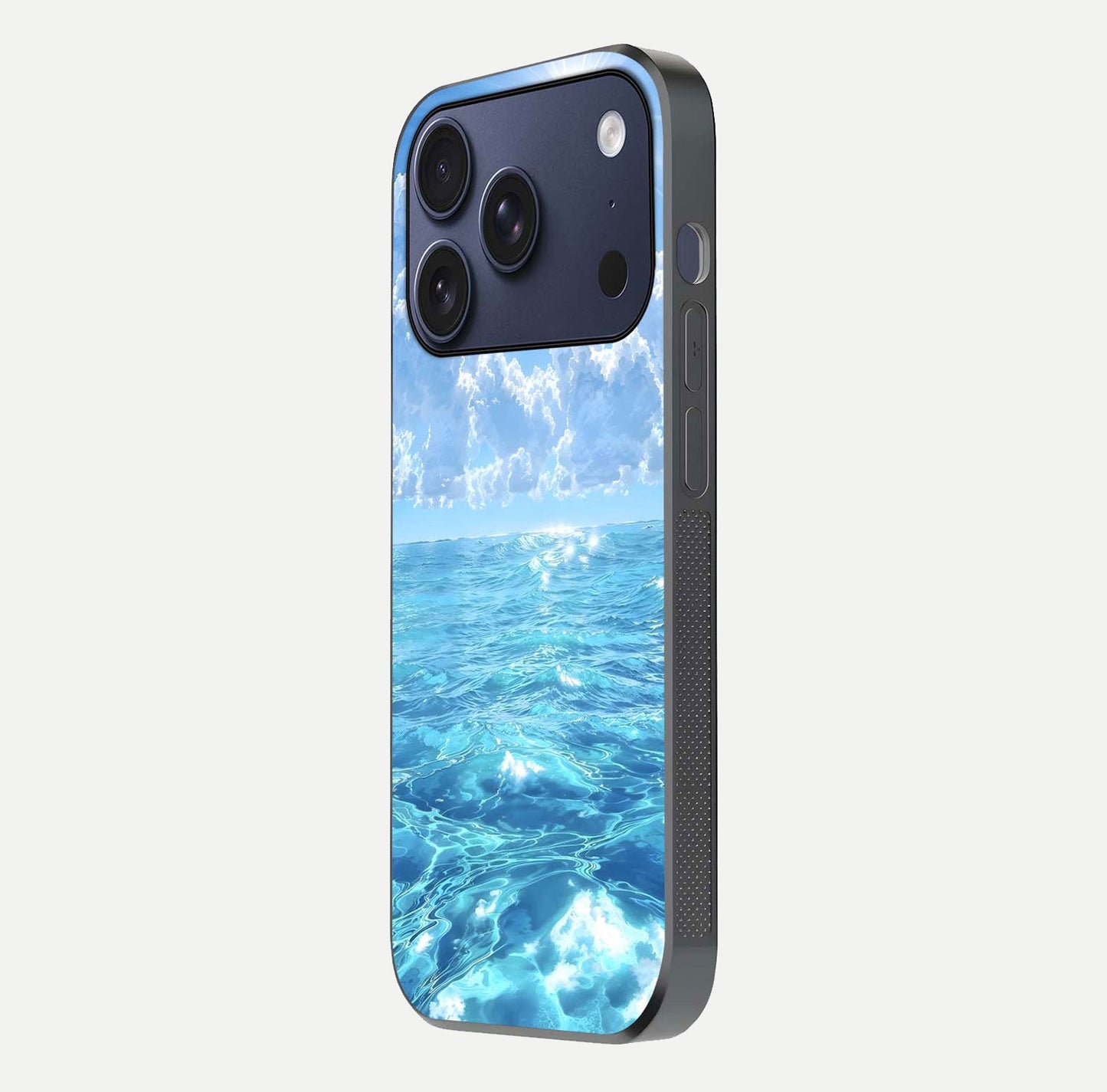 Endless Ocean Horizon Glass Case for iPhone 17 Pro side-angle photo showing reflection glow and wave tone