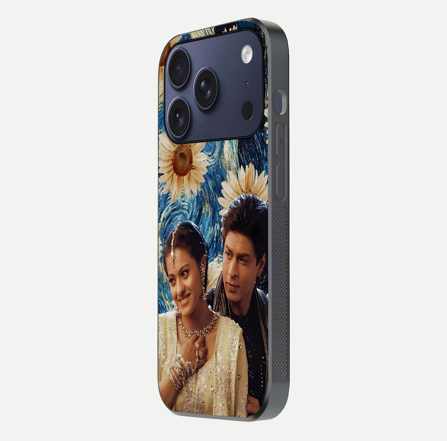 Eternal Love Story Glass Case for iPhone 17 Pro side-angle photo showing curved edges and polished surface