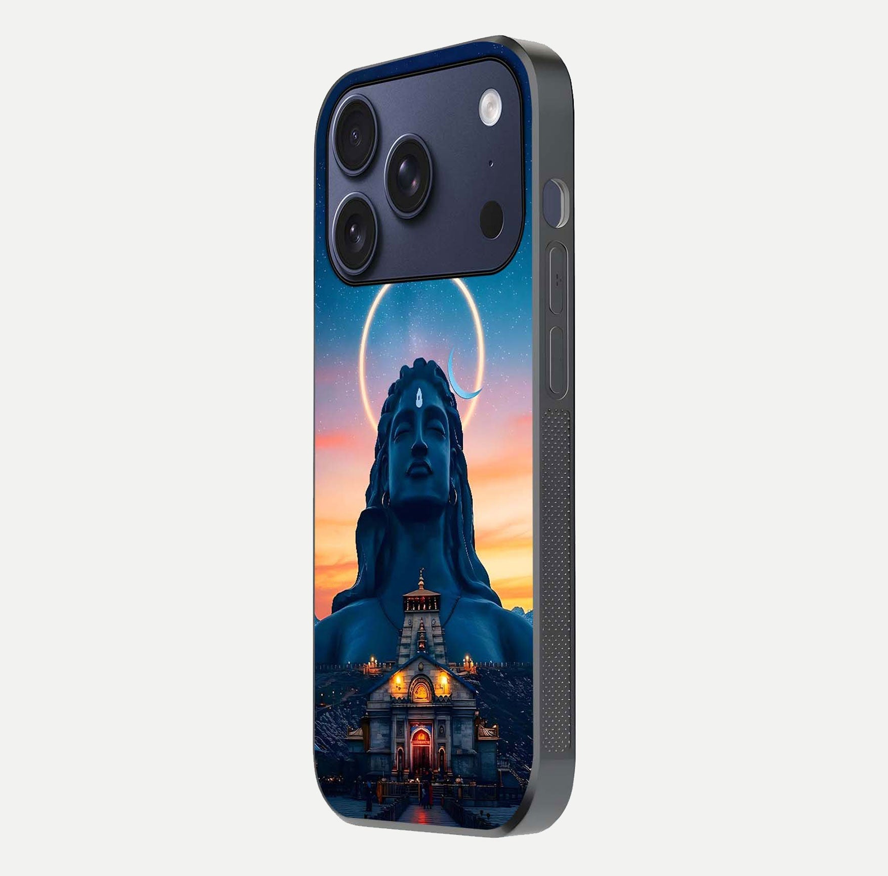 Eternal Shiva Aura Glass Case for iPhone 17 Pro side-angle image showing reflection clarity and rich tone