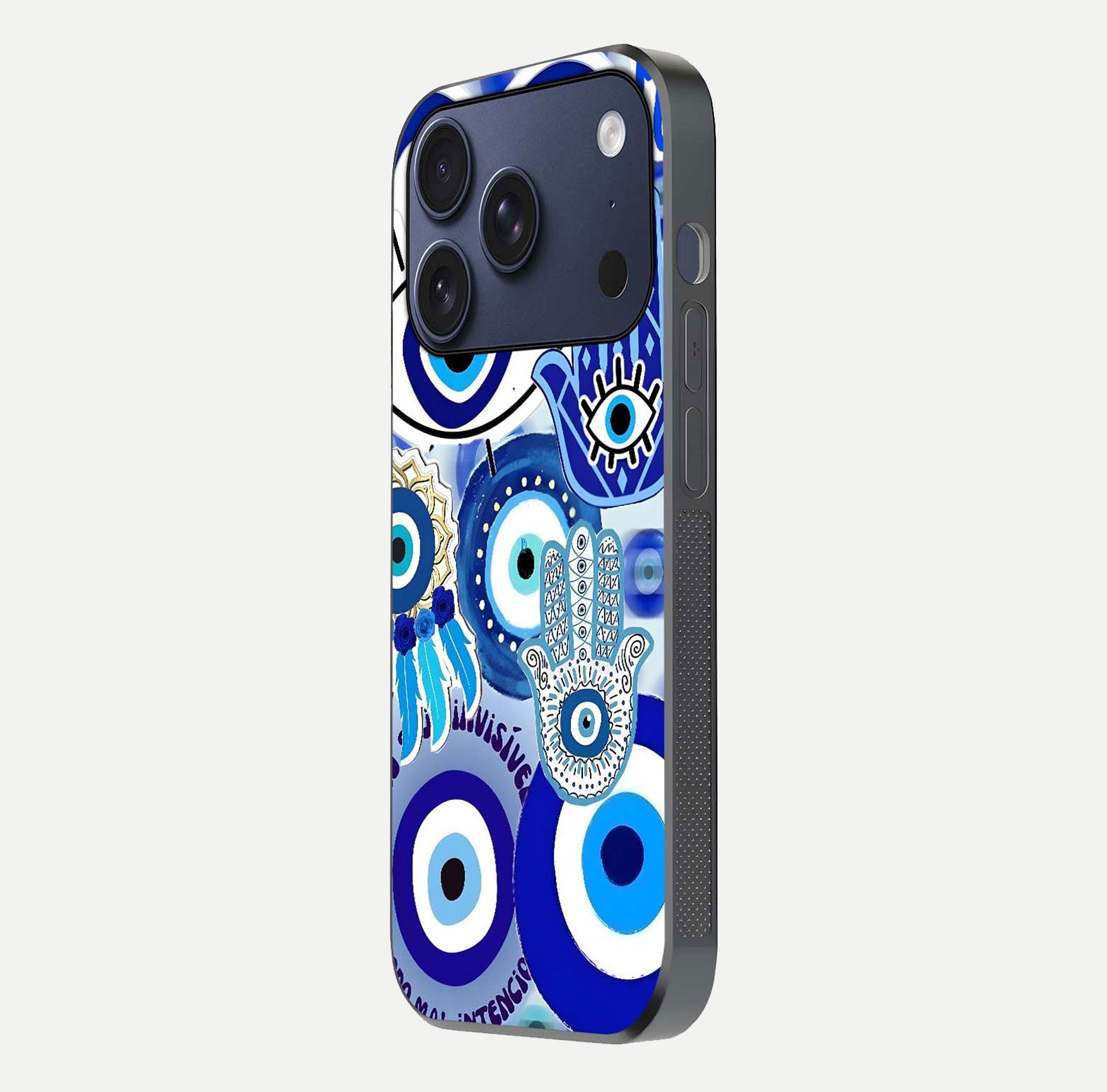 Evil Eyes Dream Glass Case for iPhone 17 Pro side-angle photo capturing smooth edges and reflective texture