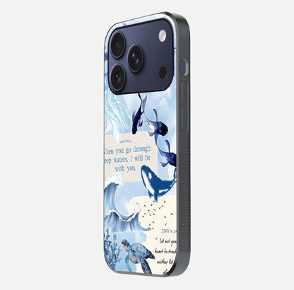 Faithful Ocean Promise Glass Case for iPhone 17 Pro side-angle photo showing reflection glow and color clarity