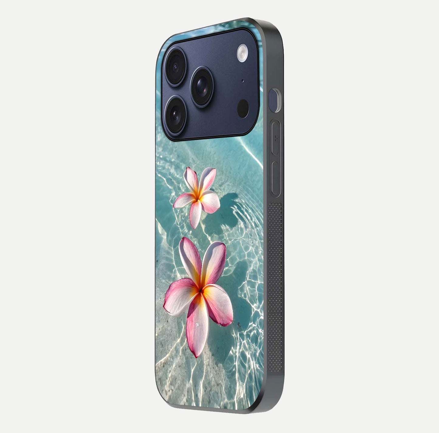 Floating Bloom Bliss Glass Case for iPhone 17 Pro side-angle photo showing smooth reflection and elegant curve