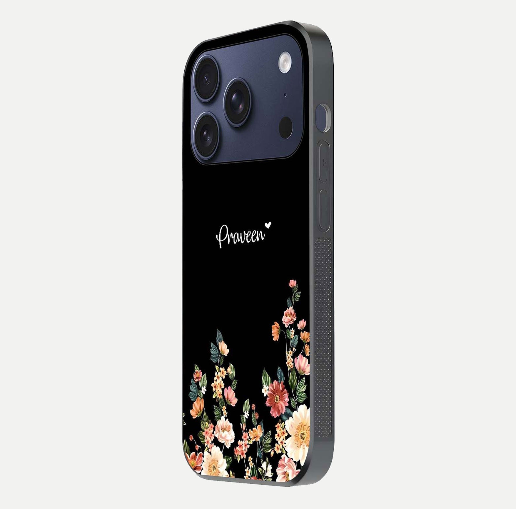 Floral Design Personalized Custom Name Glass Case for iPhone 17 Pro side-angle image showing name alignment and gloss shine