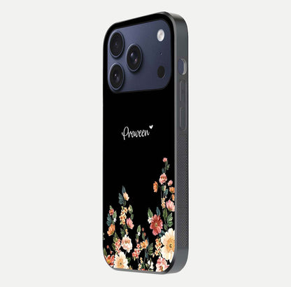 Floral Design Personalized Custom Name Glass Case for iPhone 17 Pro side-angle image showing name alignment and gloss shine