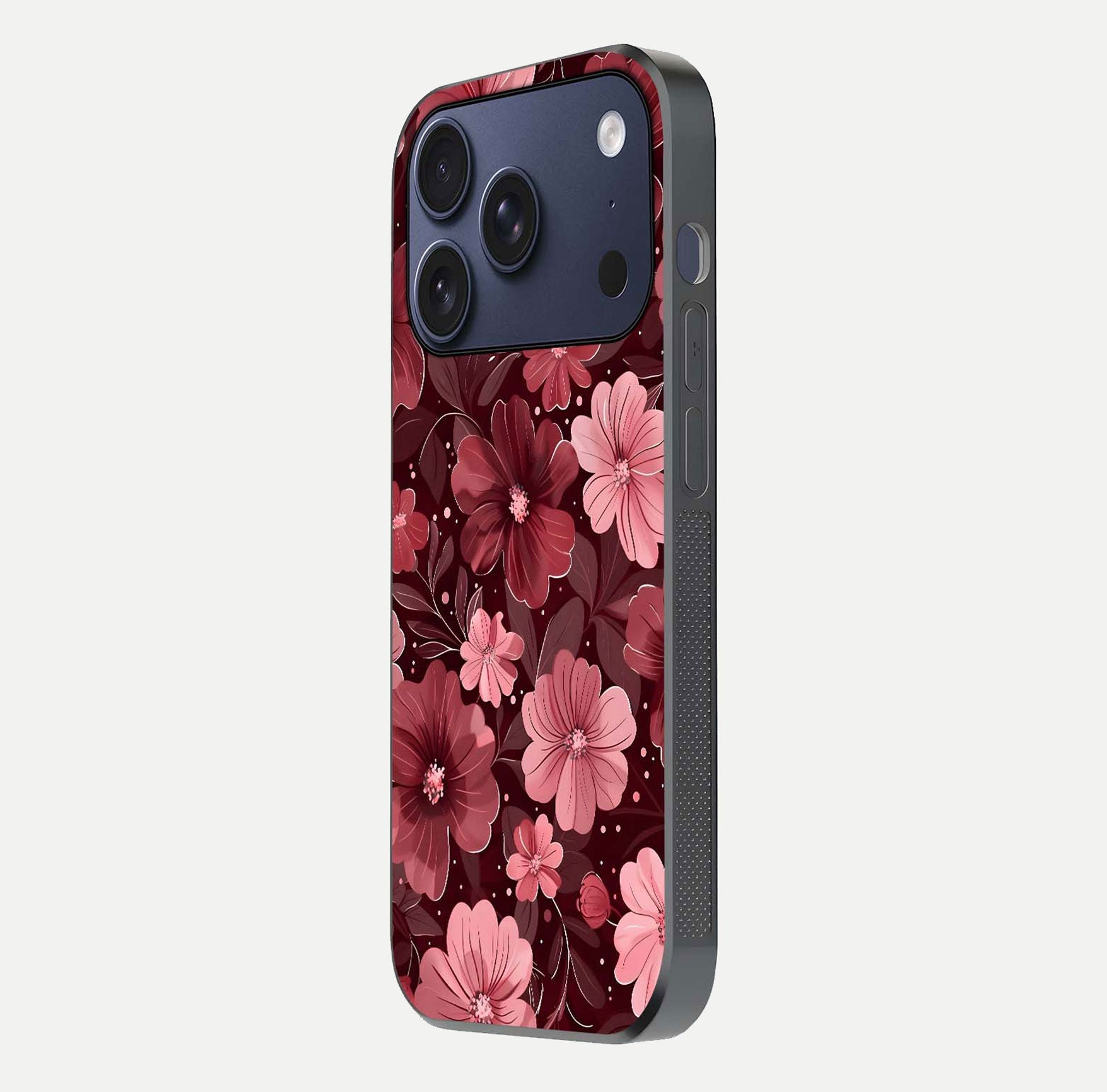 Flower Blush Bloom Glass Case for iPhone 17 Pro side-angle photo showing glass reflection and delicate hues