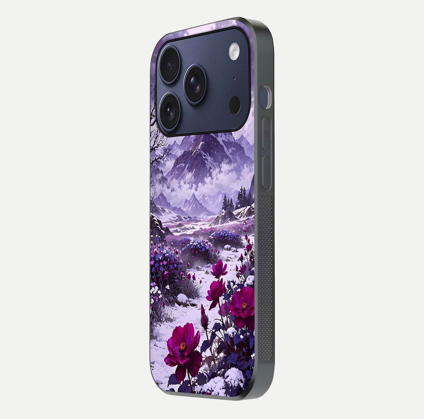 Flower Mountain View Glass Case for iPhone 17 Pro side-angle image showing gloss polish and smooth edge