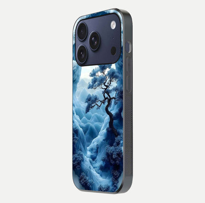 Frozen Serenity Gate Glass Case for iPhone 17 Pro side-angle photo showing reflective surface and cold tones
