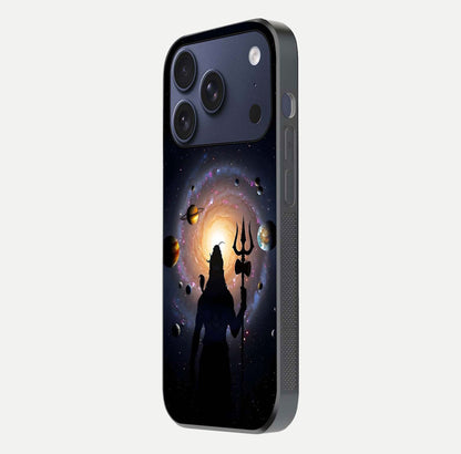 Galactic Shiva Vision Glass Case for iPhone 17 Pro side-angle image showing light reflection, glass edges, and spiritual cosmic theme