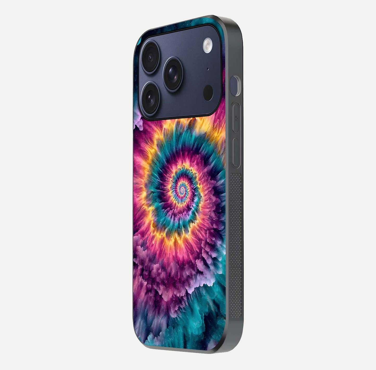 Galactic Spiral Burst Glass Case for iPhone 17 Pro side-angle image showing reflection clarity and vivid galactic texture
