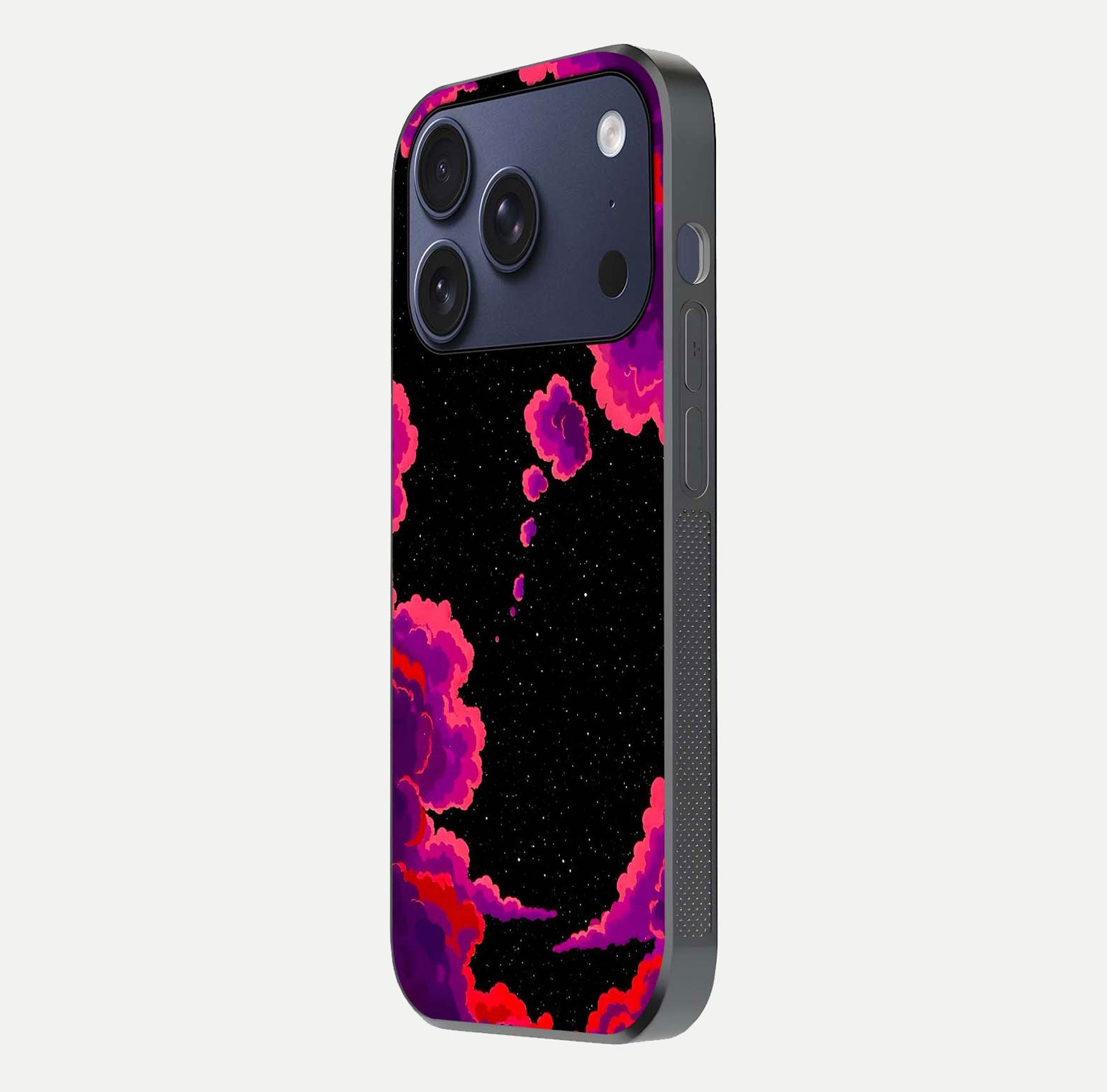 Galaxy Dream Frame Glass Case for iPhone 17 Pro side-angle image showing reflection light and premium finish