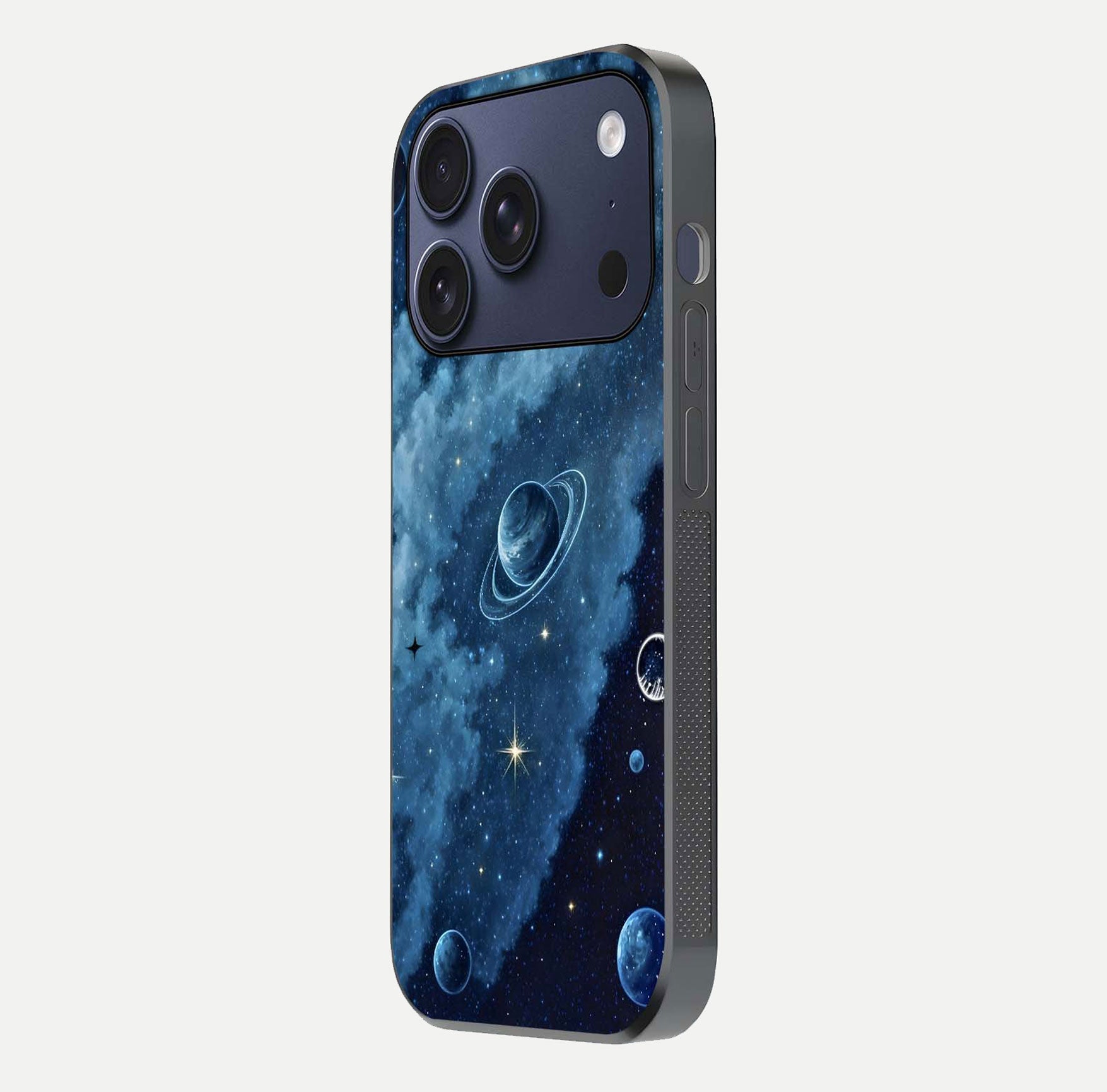 Galaxy Dream Space Glass Case for iPhone 17 Pro side-angle image capturing reflection clarity and galactic texture
