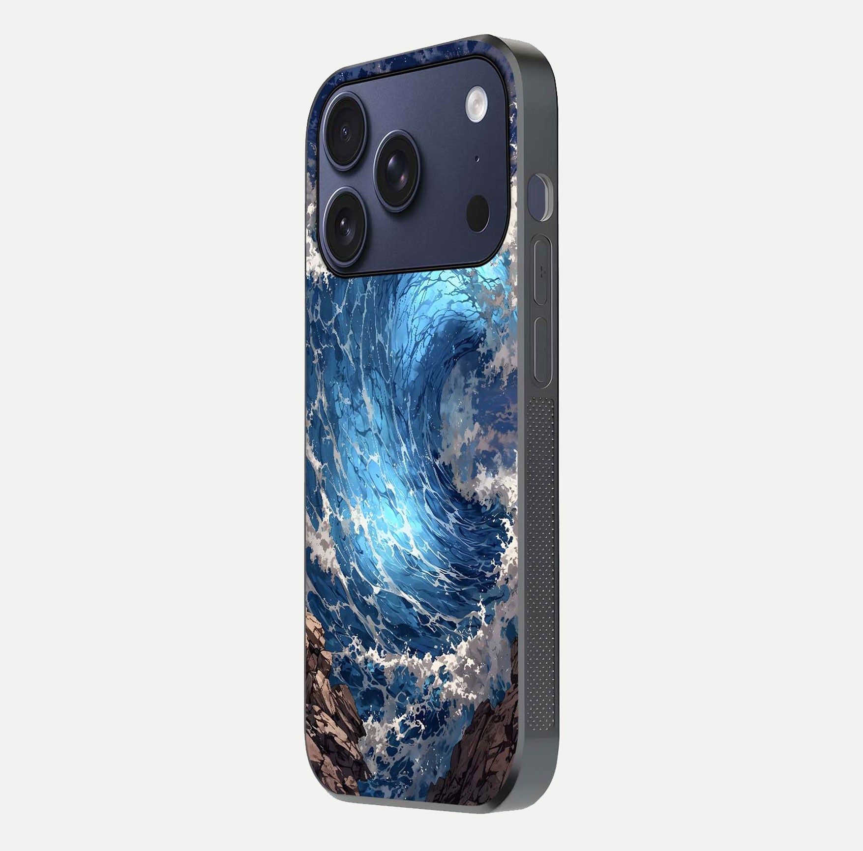 Giant Ocean Wave Glass Case for iPhone 17 Pro side-angle image showing light reflection and ocean detail