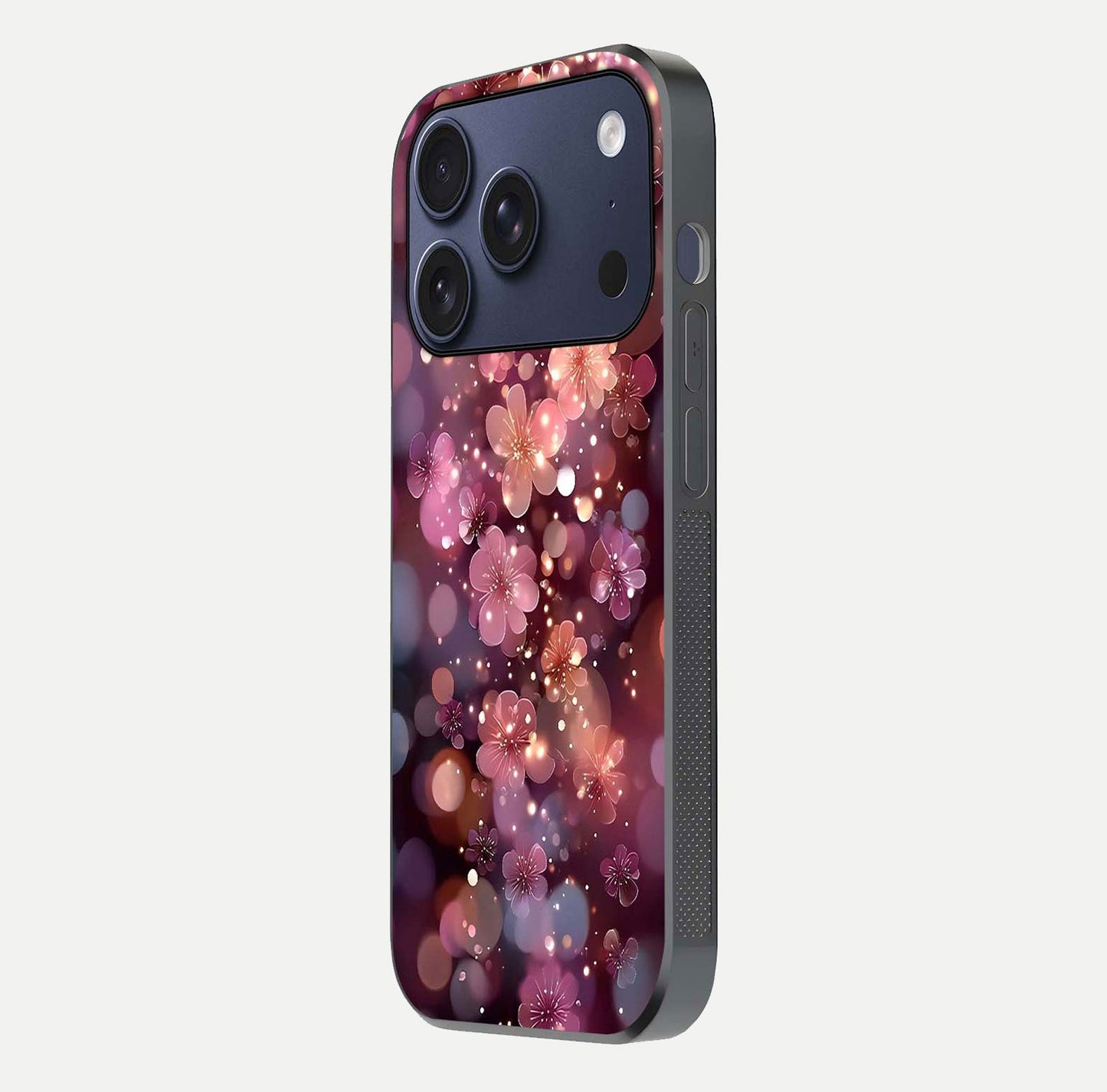 Glowing Petal Bliss Glass Case for iPhone 17 Pro side-angle image showing light reflection and soft floral texture