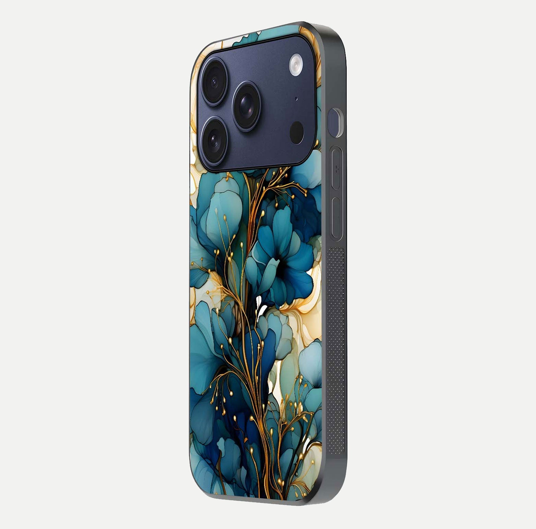 Golden Bloom Symphony Glass Case for iPhone 17 Pro side-angle image showing golden glow, light reflection, and premium surface