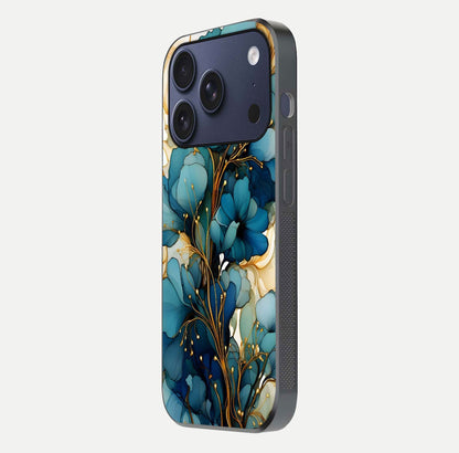Golden Bloom Symphony Glass Case for iPhone 17 Pro side-angle image showing golden glow, light reflection, and premium surface