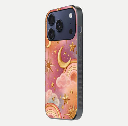 Golden Celestial Dreams Glass Case for iPhone 17 Pro side-angle image capturing reflection brightness and starry detail