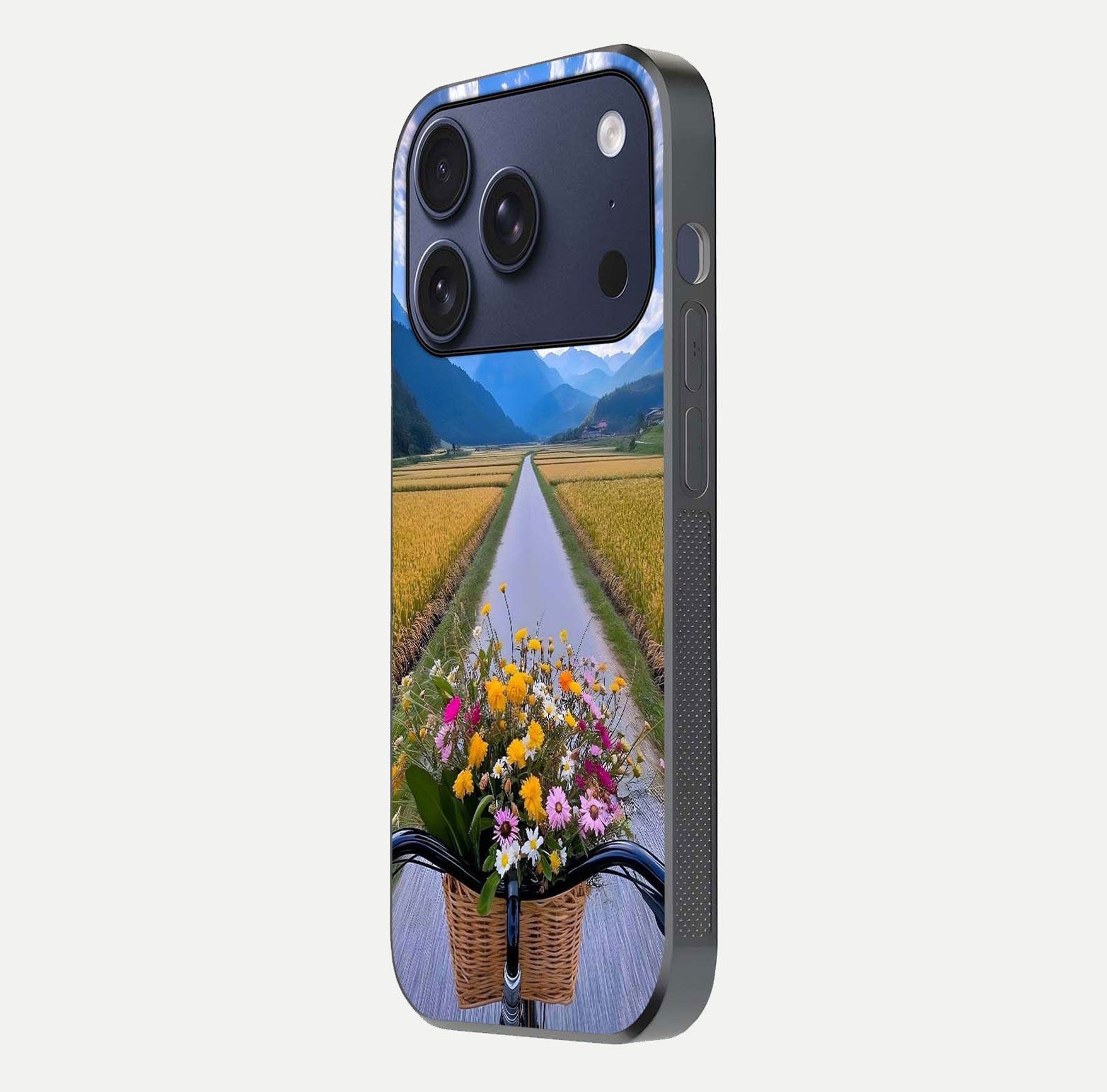 Golden Field Journey Glass Case for iPhone 17 Pro side-angle image showing golden glow, reflection shine, and curved edge