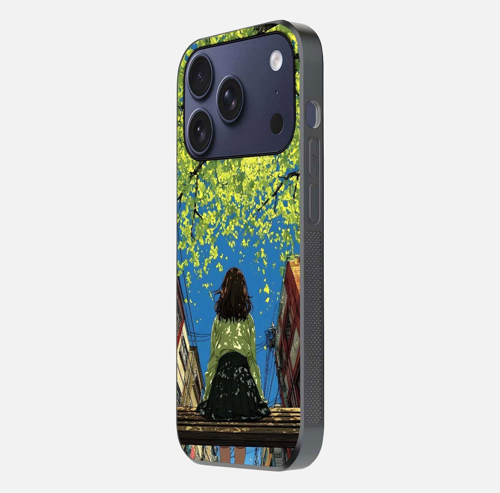 Golden Leaves Glow Glass Case for iPhone 17 Pro side-angle image showing reflection polish and elegant pattern