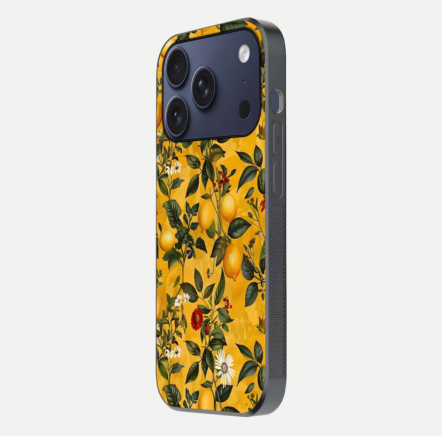 Golden Lemon Field Glass Case for iPhone 17 Pro side-angle image showing reflection clarity and juicy color tone