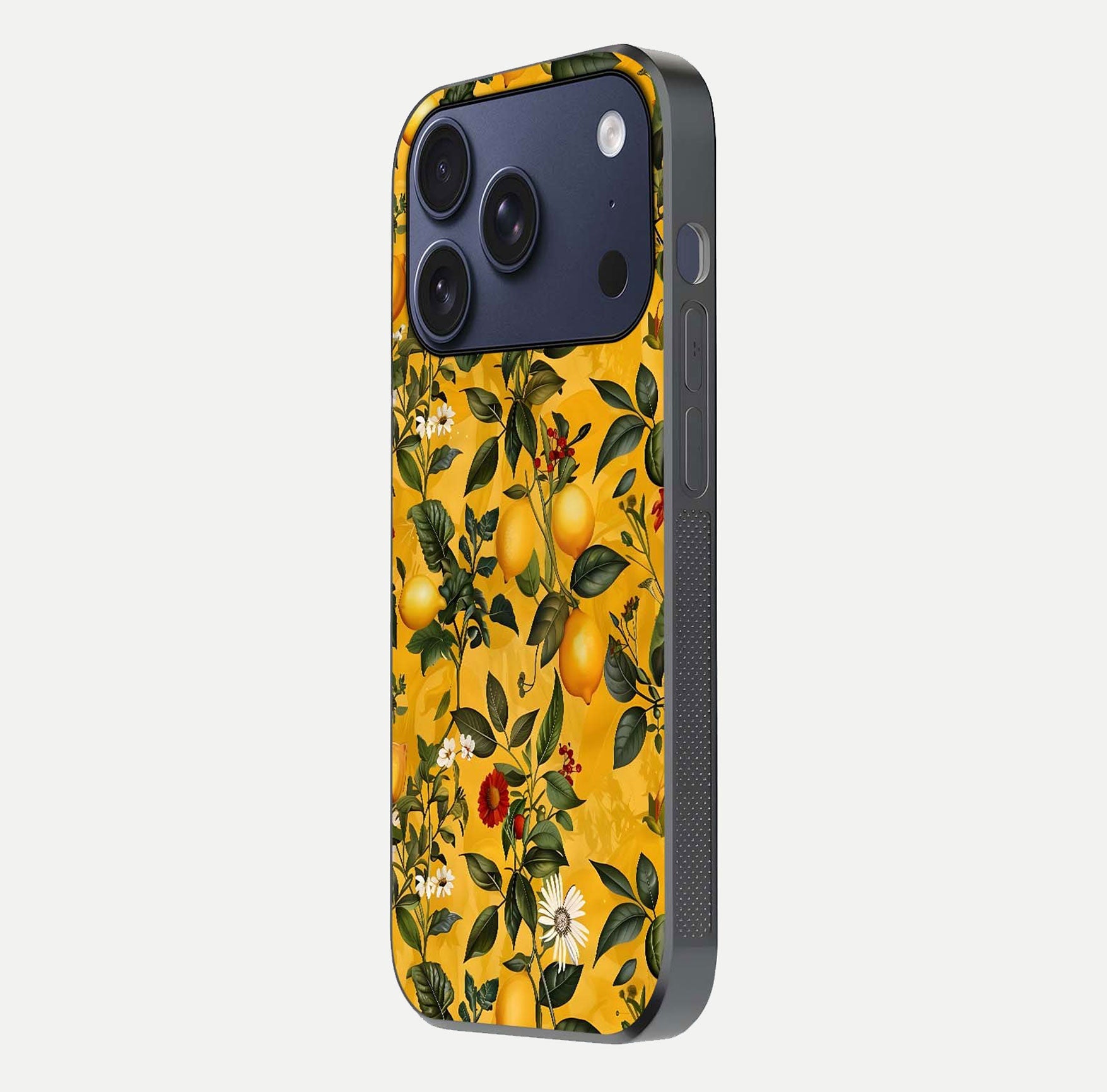 Golden Lemon Field Glass Case for iPhone 17 Pro side-angle image showing reflection clarity and juicy color tone