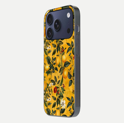 Golden Lemon Field Glass Case for iPhone 17 Pro side-angle image showing reflection clarity and juicy color tone