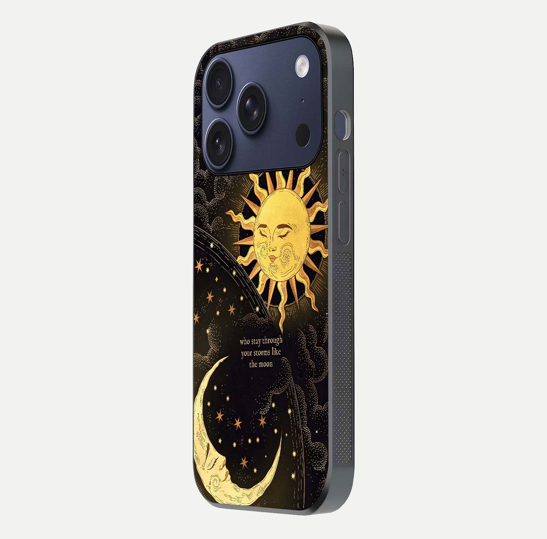 Golden Lunar Love Glass Case for iPhone 17 Pro side-angle image showing reflection brilliance and smooth golden tone