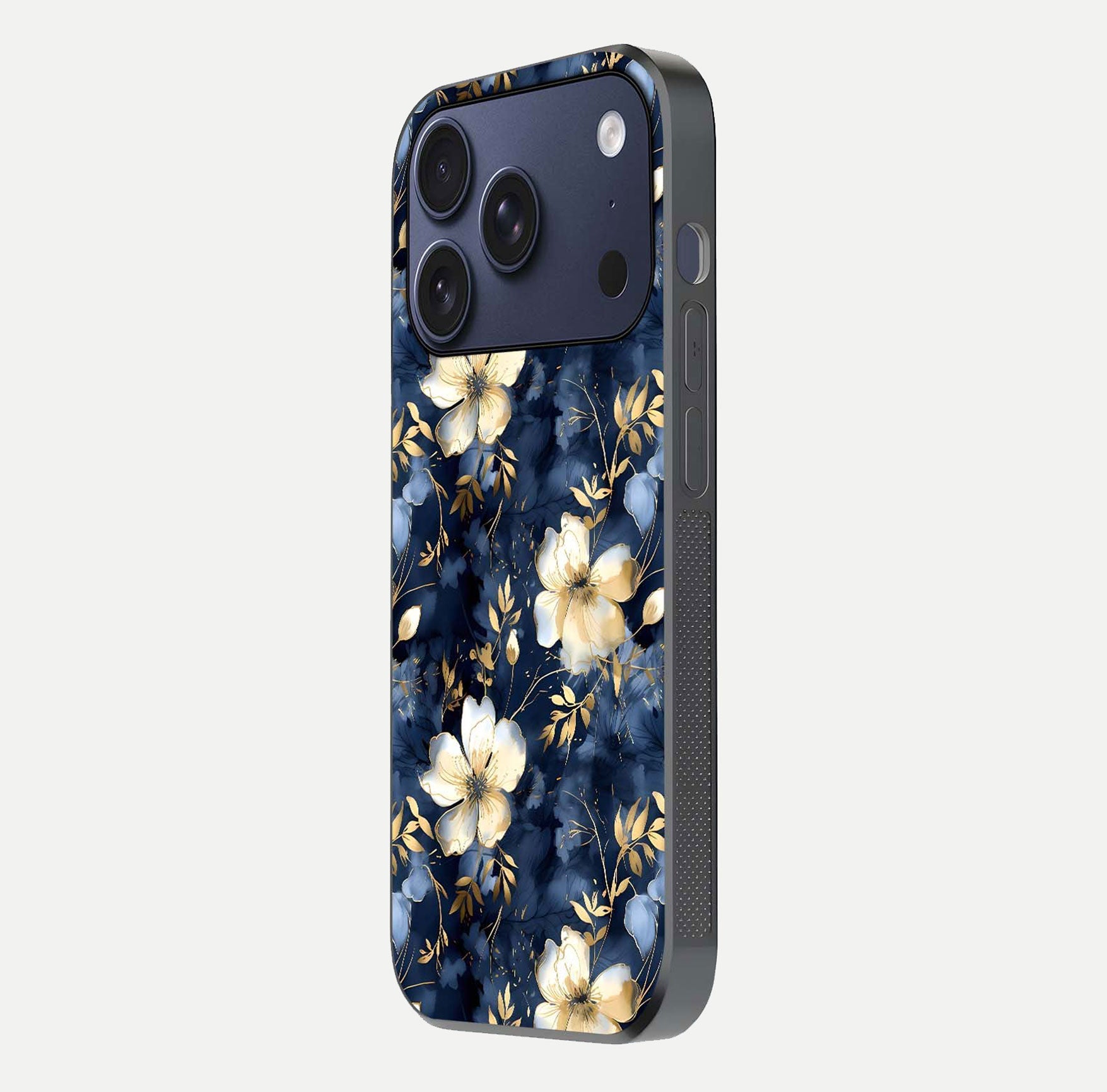 Golden Midnight Bloom Glass Case for iPhone 17 Pro side-angle image showing shine depth and elegant edge design