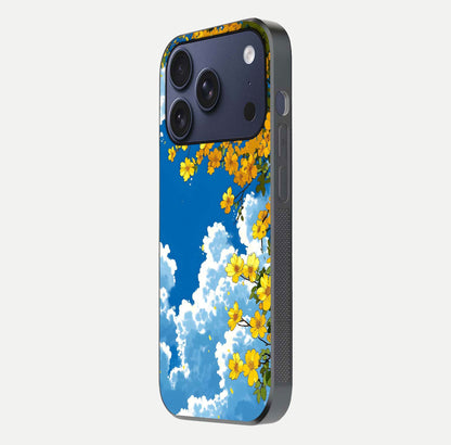 Golden Petal Sky Glass Case for iPhone 17 Pro side-angle image showing reflection depth and metallic floral tones