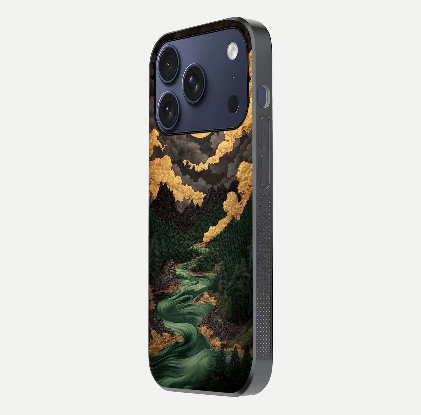 Golden River Moon Glass Case for iPhone 17 Pro side-angle image showing reflection clarity and detailed nightscape