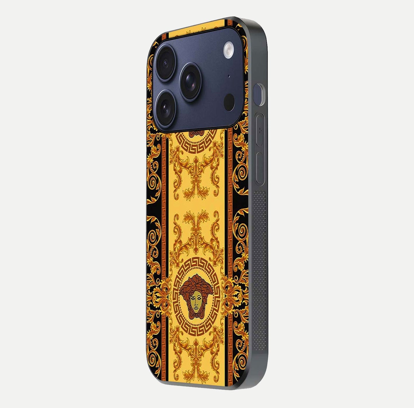 Golden Royal Heritage Glass Case for iPhone 17 Pro side-angle image showing reflection glow and luxury detailing